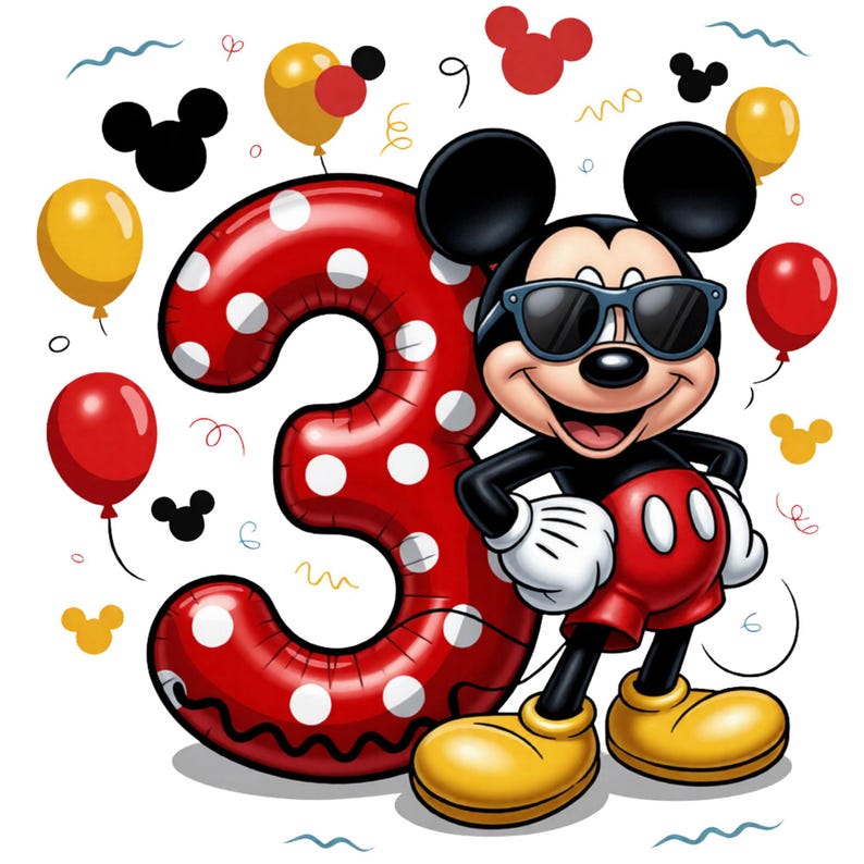 May include: A cartoon illustration of Mickey Mouse wearing black sunglasses, standing next to a large, red, white-polka-dotted balloon shaped like the number three. The scene is decorated with red and yellow balloons and small Mickey head silhouettes.