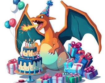Imagen PNG de fiesta de cumpleaños de Charizard – Clip art de salpicaduras de acuarela (descarga digital)