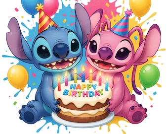 Stitch y Ángel - PNG de segundo cumpleaños - Personajes de dibujos animados sosteniendo un pastel, celebración de fiesta infantil. Descarga digital.