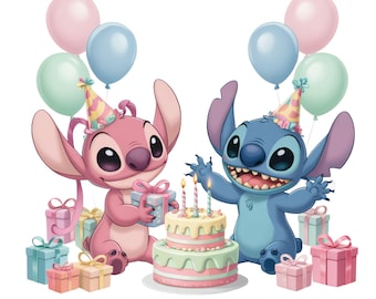 Descarga digital de dibujos animados de Stitch y Ángel para cumpleaños