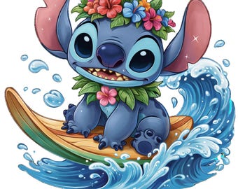 Stitch Summer Vibes PNG, divertida ilustración playera de dibujos animados, diseño de salpicaduras coloridas, descarga digital instantánea.