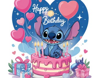Stitch Cumpleaños PNG / Imágenes prediseñadas de alienígenas de dibujos animados, diseño para el 4º cumpleaños (descarga digital)