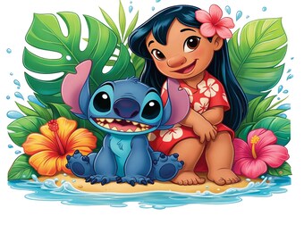 Stitch Summer PNG con salpicaduras de acuarela, diseño floral tropical, descarga digital de 300 DPI.