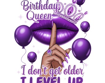 PNG de la Reina del Cumpleaños Morada – Diseño “Subo de Nivel”, imágenes prediseñadas de la cumpleañera (descarga digital)