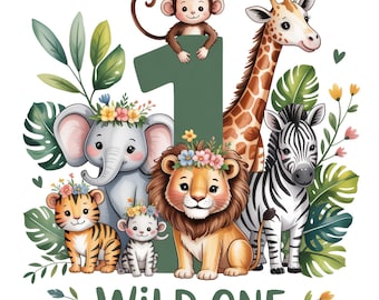 Wild One Safari Birthday PNG, Diseño de animales de la selva para el primer cumpleaños (Descarga digital)