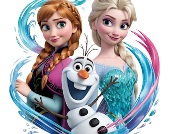 Imágenes PNG con temática de Frozen, princesas hermanas y muñeco de nieve, archivos para sublimación de camisetas de cumpleaños.