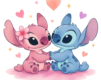 Imágenes prediseñadas de Stitch y Angel en formato PNG, fondo transparente, 300 ppp, descarga instantánea.