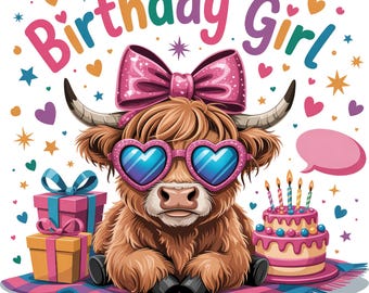 Vaca de las Tierras Altas PNG para cumpleaños – Diseño de camiseta festiva (Descarga digital)