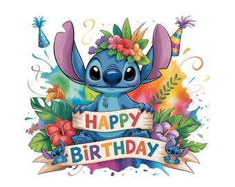 Stitch Feliz Cumpleaños PNG – Listo para imprimir, descarga digital instantánea, formato PNG.