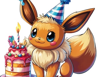 Eevee-Inspired Birthday Cake PNG | Adorable Watercolor Clipart | Instant Digital Download.