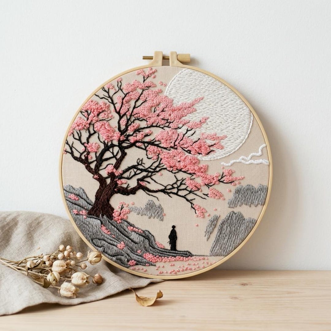 Japanese Cherry Blossom Embroidery Kit Beginner DIY Sakura Tree Moon ...