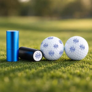 Peut inclure: Deux balles de golf blanches avec un logo bleu répétitif comprenant le texte SANDERS et une icône de club de golf, accompagnées d'un étui cylindrique noir avec le même logo et d'un tube de rangement cylindrique bleu métallique.
