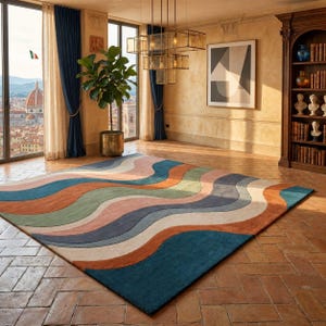 Hand Tufted Rug, Colorful Abstract Area Rug, Modern Carpet, Wavy Pattern Rug, Artistic Living Room Décor, 8 x 10 Ft Rug