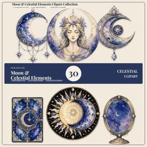 30 Moon Clipart PNG | Celestial Moon Phases, Crescent, Moon Goddess & Sun and Moon | Tarot Witchy Mystical | Silver Lapis, Transparent PNG
