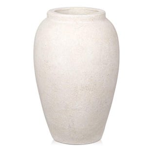 May include: A large, off-white vase with a rounded, bulbous body and a narrow, circular opening at the top. The surface of the vase features a textured, matte finish with subtle variations in tone, giving it a weathered and organic appearance.