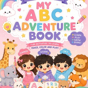 Può includere: Un colorato libro di attività educativo intitolato My ABC Adventure Book con illustrazioni di bambini, una giraffa, un elefante, un coniglio, un leone, una volpe e un orsacchiotto. La copertina include il testo: Learn, Play, Grow, Shine, Fun Activities.