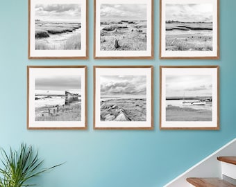 Square Cape Cod Prints Set of 6, Cloudy Coastal Landscape Photography, Yarmouth Port MA Marsh Wall Art for Living room or Bedroom