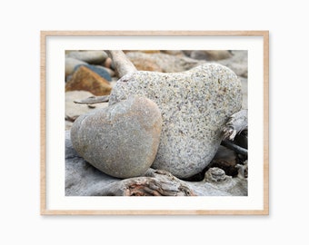 Heart Rocks Art - Nature Photography Print - Beach Hearts Photo On Canvas - 5x7 8x10 Gray Neutral Wall Art Gift for Him or Her