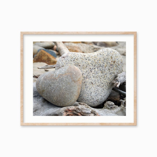 Heart Rocks Art - Nature Photography Print - Beach Hearts Photo On Canvas - 5x7 8x10 Gray Neutral Wall Art Gift for Him or Her