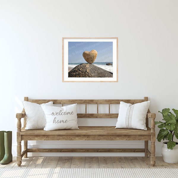 Heart Rock Photo Gift - Framed Beach Heart in Nature Art Print - Unique Nature Wall Art Decor - Blue Beige Nature Canvas for Living Room