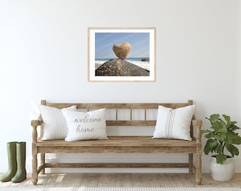 Heart Rock Photo Gift - Framed Beach Heart in Nature Art Print - Unique Nature Wall Art Decor - Blue Beige Nature Canvas for Living Room