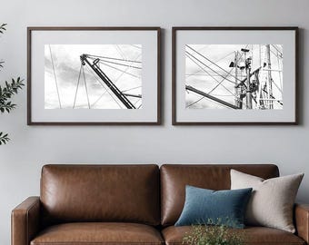 Black and White Industrial Maritime Photography Print Set, Fishing Vessel Rigging Diptych, Modern New England Nautical Wall Art