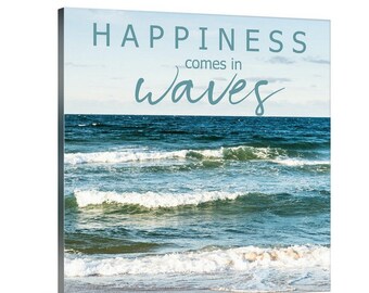 Happiness Comes in Waves Photography Canvas Art - Beach Ocean Waves Canvas - Inspirational Wall Decor Gift