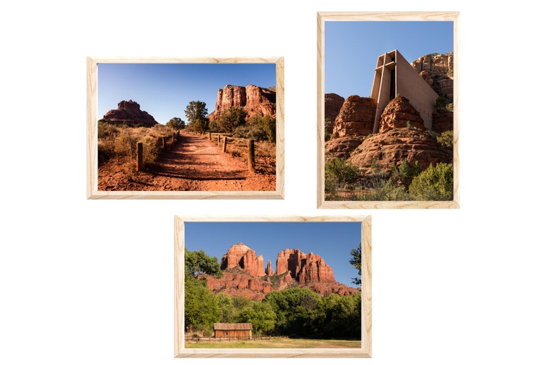 Sedona Photos 3 Piece Wall Art Travel Photography Prints Desert Landscapes Bell Rock Chapel of the Holy Cross Cathedral Rock image 1
