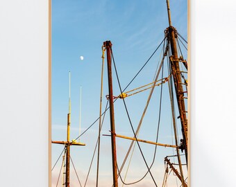 Rustic Boat Masts and Rigging Print, Coastal Nautical Photography, Maritime Sunset Wall Decor