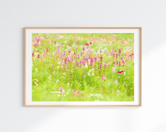 Wildflower Field Wall Art - Flower Photography Print Pink and Green - Wildflowers Print