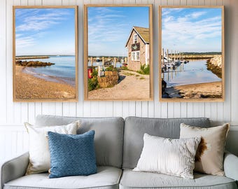 Menemsha Print Set, Martha's Vineyard Photography, 3‑Piece Blue Coastal Wall Art (Unframed), Nautical Artwork for Beach House Living Room