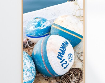 Mooring Buoys Wall Art, Blue and White Nautical Photography Print, Minimalist Beach House Artwork