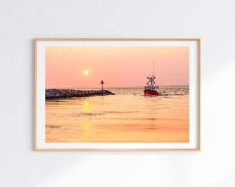 Menemsha Harbor Sunset Print, Martha's Vineyard Photography, Red Fishing Boat Wall Art