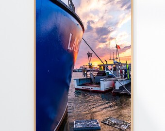 Menemsha Harbor Photography Print - Layered Seascape; Large Hull Foreground with Fishing Boat, Orange‑Pink Sunset, Coastal Wall Decor