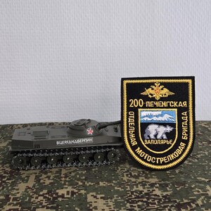 Könnte beinhalten: Ein dunkelolivgrüner Panzermodellbausatz mit einem kleinen roten Stern auf dem Turm und kyrillischem Text an der Seite, neben einem schwarzen, schildförmigen Militäraufnäher mit goldenem Adleremblem, einer Eisbärengrafik und kyrillischem Text.