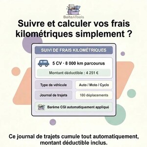 May include: A digital interface for mileage tracking titled Suivre et calculer vos frais kilométriques simplement. It displays a vehicle icon, 5 CV, 8 000 km, a deductible amount of 4 251 €, vehicle types, and a trip log with 100 entries.
