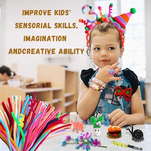 May include: A large bundle of colorful fuzzy pipe cleaners in shades of red, blue, green, yellow, and pink. The image includes text that reads IMPROVE KIDS' SENSORIAL SKILLS, IMAGINATION ANDCREATIVE ABILITY, alongside various pipe cleaner crafts.