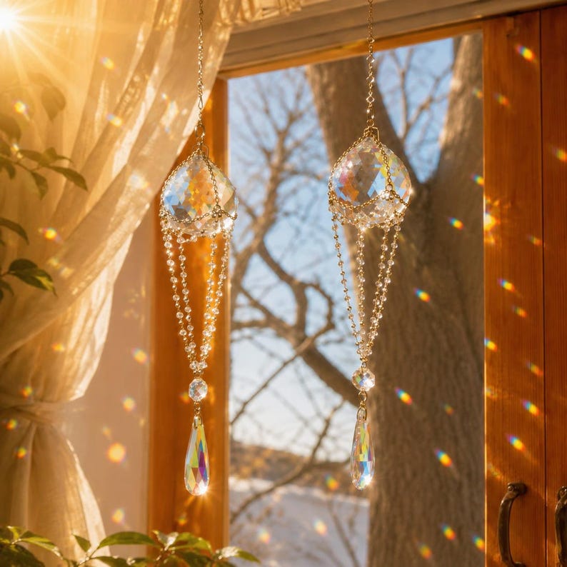 Puede incluir: Dos atrapasoles de cristal colgantes suspendidos por delicadas cadenas de tono dorado. Cada pieza presenta una parte superior de cristal esf&eacute;rico facetado conectada a un colgante de cristal en forma de l&aacute;grima por hilos de cuentas claras.