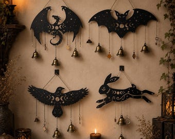 Halloween Wood Wind Chime, Gothic Bat Dragon Rabbit Wall Hanging, Moon Phase Garden Decor, Spooky Witchy Home Gift