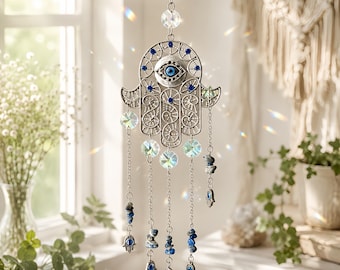 Atrapasueños de mano de Hamsa y ojo turco, colgante de ventana para crear arcoíris de cristal, amuleto de protección bohemio, regalo de decoración espiritual para la pared