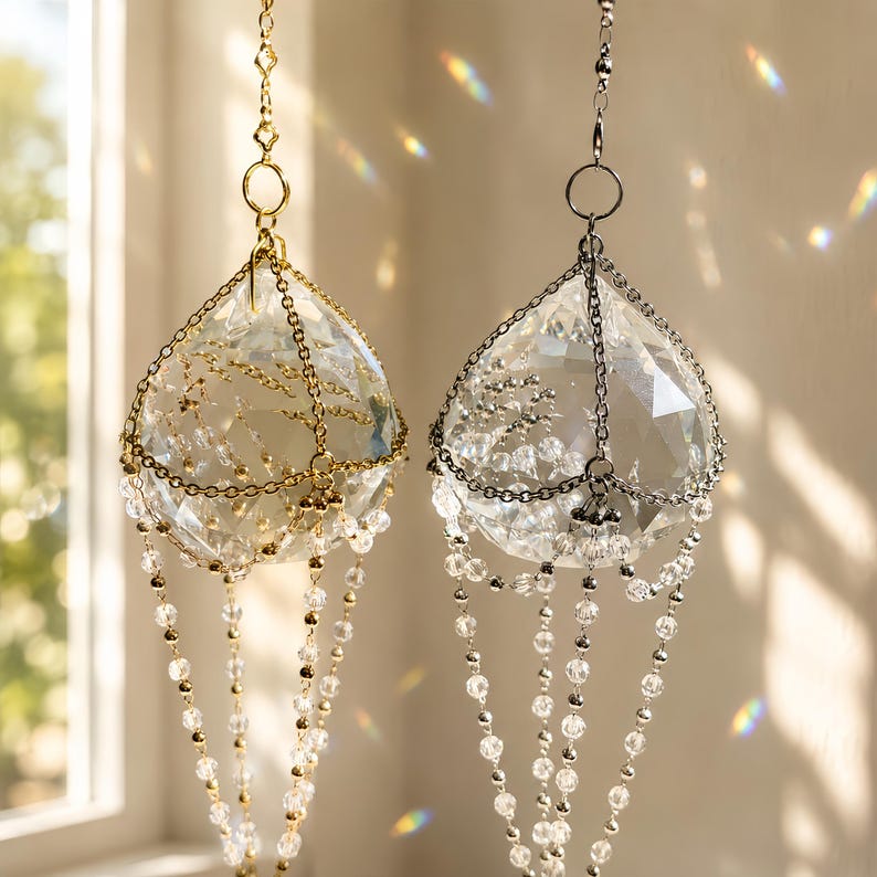 Puede incluir: Dos atrapasoles de cristal colgantes, uno con cadenas de metal dorado y otro con cadenas de metal plateado. Cada uno cuenta con una gran esfera de cristal transparente facetado suspendida por cadenas delicadas y adornada con cuentas de cristal.