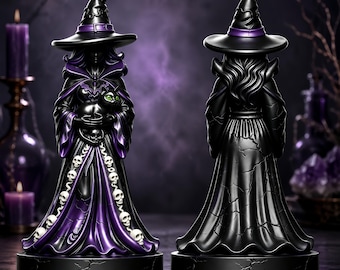 Figura de bruja gótica sosteniendo un gato negro, decoración de resina para Halloween, detalles de calaveras de bruja.
