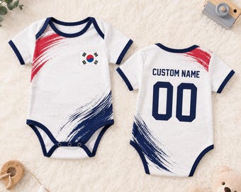 Südkorea Fußball-Baby-Strampler, personalisiertes Jersey mit Namen, Sport-Fan-Babypartygeschenk, kundenspezifischer koreanischer Flaggen-Kleinkind-Bodysuit