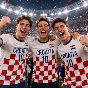 May include: Three people wearing white and red checkered Croatia soccer jerseys with the word "CROATIA" and the number "10" printed on the front. The jerseys also feature the Croatian flag. The people are smiling and celebrating.