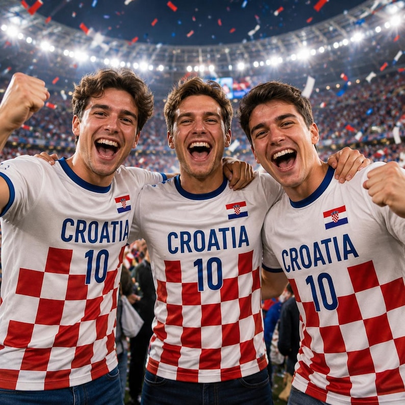 May include: Three people wearing white and red checkered Croatia soccer jerseys with the word "CROATIA" and the number "10" printed on the front. The jerseys also feature the Croatian flag. The people are smiling and celebrating.