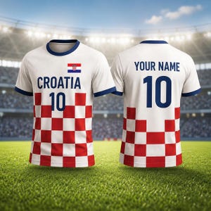 May include: White Croatia soccer jersey with blue trim and the number 10. The front features the Croatian flag and the word "CROATIA". The bottom half of the jersey has a red and white checkered pattern. The back says "YOUR NAME" and the number 10.