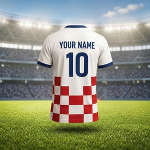 May include: A white soccer jersey with blue trim and the number 10 in blue. The jersey has the text "YOUR NAME" above the number. The bottom of the jersey features a red and white checkered pattern.
