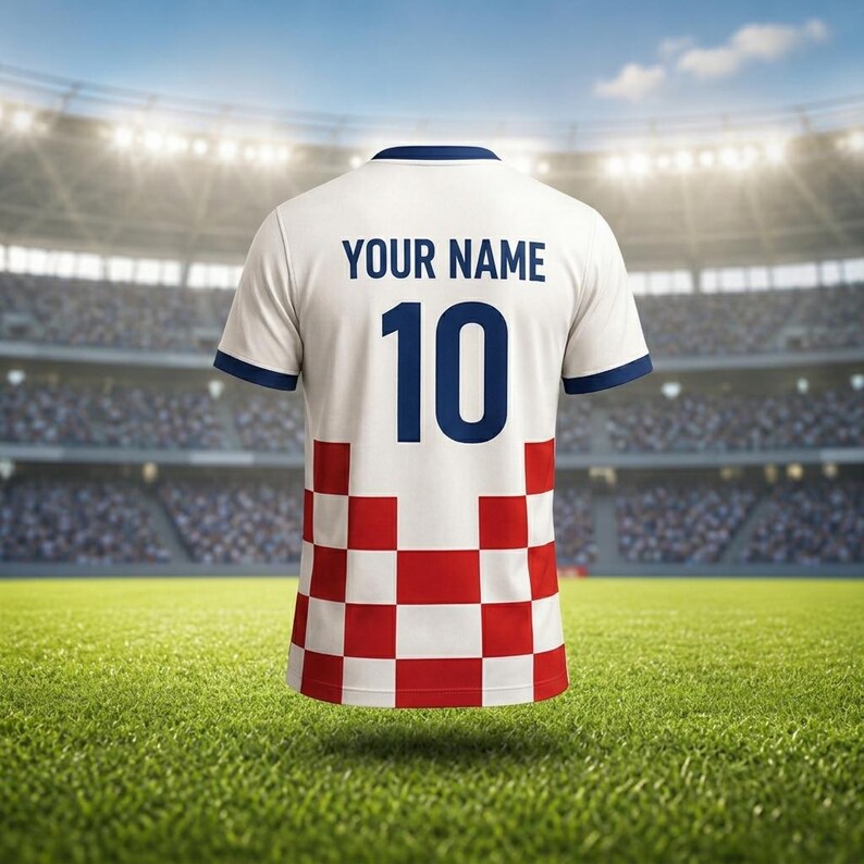 May include: A white soccer jersey with blue trim and the number 10 in blue. The jersey has the text "YOUR NAME" above the number. The bottom of the jersey features a red and white checkered pattern.