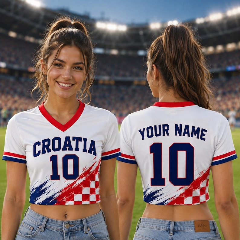 Pode incluir: Top curto branco com detalhes em vermelho e azul, com a palavra "CROATIA" e o n&uacute;mero "10" em azul marinho. A parte inferior apresenta um design da bandeira croata. A camisa tem decote em V.