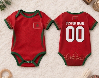 Body de futebol marroquino, body personalizado para bebê marroquino, uniforme de futebol infantil personalizado, body com a bandeira vermelha e verde, presente para fã de esportes